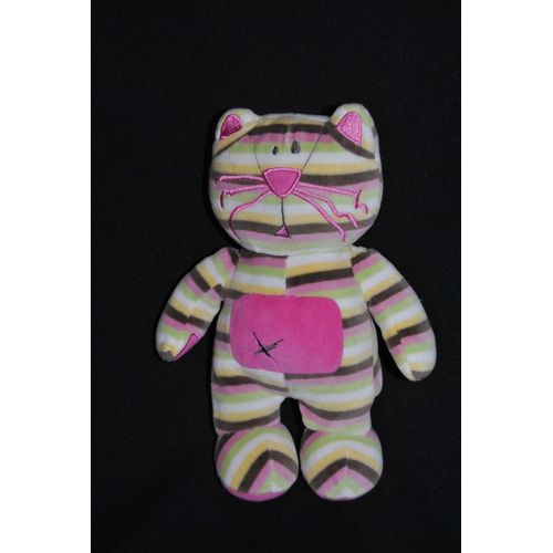 Doudou Peluche Chat Orchestra 25 Cm Rose Vert Jaune Marron Blanc Rayé