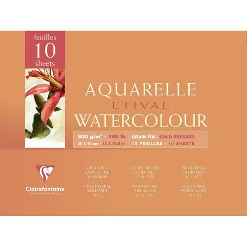 Bloc Aquarelle Etival Encollé 4 Côtés 300 Grammes  Grain Fin 10 Feuilles  30 X 40 Cm Blanc