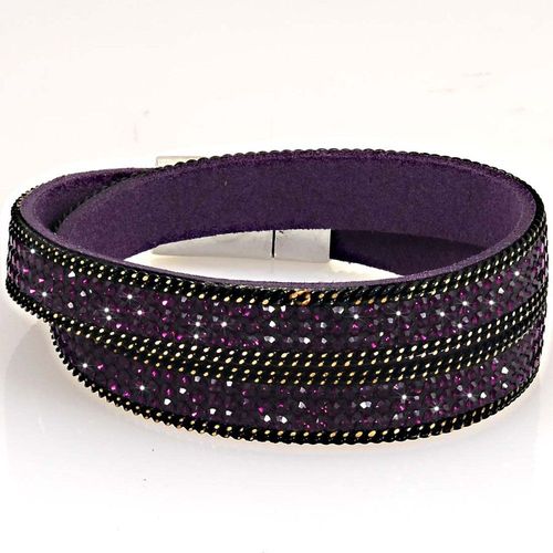 Bracelet Wrap Slake Double Tour En Cuir De Daim Et Cristaux Zirconium Fermeture Magnétique Violet