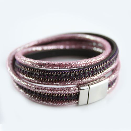 Bracelet Wrap Slake Strass Duble Tour Brillants Cristal En Cuir De Daim Rose