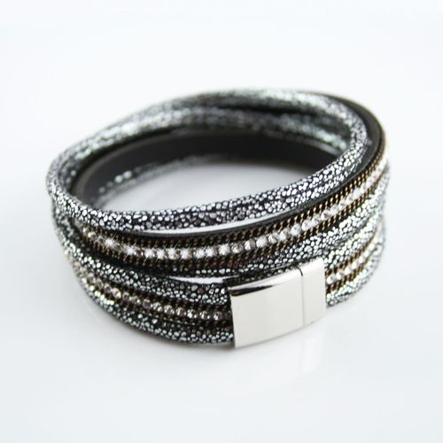 Bracelet Wrap Slake Strass Duble Tour Brillants Cristal En Cuir De Daim Gris