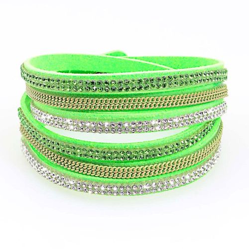 Bracelet Slake Wrap Cirstal Et Chaine Métal Double Tour 3 Rang En Cuir Vert
