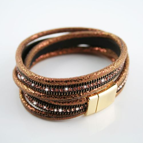 Bracelet Wrap Slake Strass Duble Tour Brillants Cristal En Cuir De Daim Marron