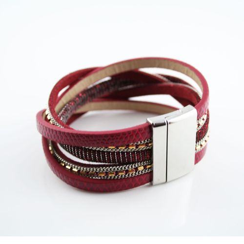 Bracelet Wrap Slake Strass Brillants Cristal En Cuir De Daim Rouge