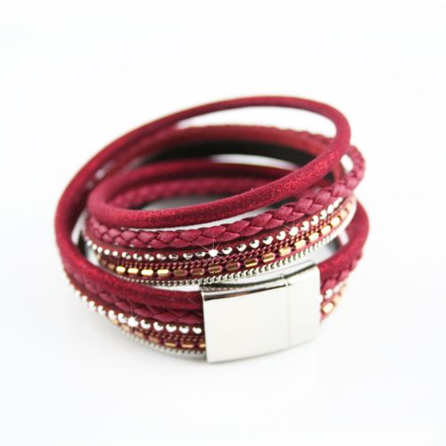 Bracelet Wrap Slake Strass Duble Tour Brillants Cristal En Cuir De Daim Rouge