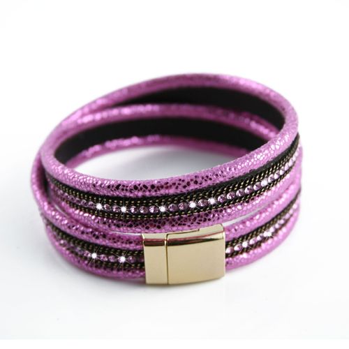 Bracelet Wrap Slake Strass Duble Tour Brillants Cristal En Cuir De Daim Violet