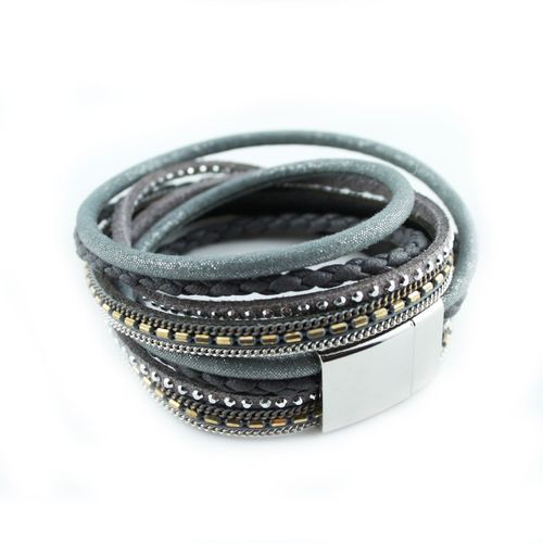 Bracelet Wrap Slake Strass Duble Tour Brillants Cristal En Cuir De Daim Gris