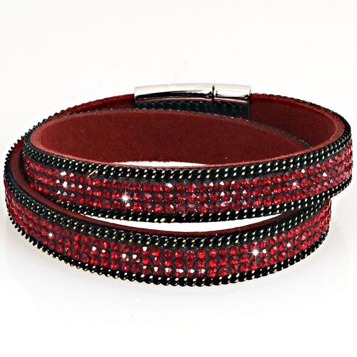 Bracelet Wrap Slake Double Tour En Cuir De Daim Et Cristaux Zirconium Fermeture Magnétique Rouge