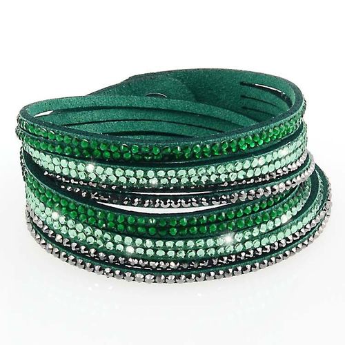 Bracelet Slake Wrap Cristal Strass Double Tours Brillants En Cuir De Daim Vert