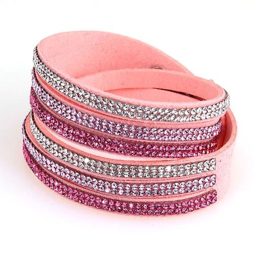 Bracelet Wrap Slake Cristal Double Tour En Cuir Retourné De Daim  Rose Et Cristaux Zyrconium