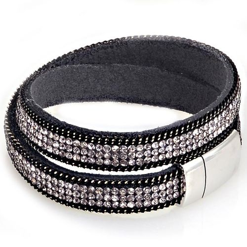 Bracelet Wrap Slake Double Tour En Cuir De Daim Et Cristaux Zirconium Fermeture Magnétique Gris