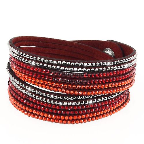 Bracelet Slake Wrap Cristal Strass Double Tours Brillants En Cuir De Daim Rouge