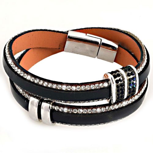 Bracelet Wrap Slake Strass Double Tour Fermoir Magnétique En Cuir Noir