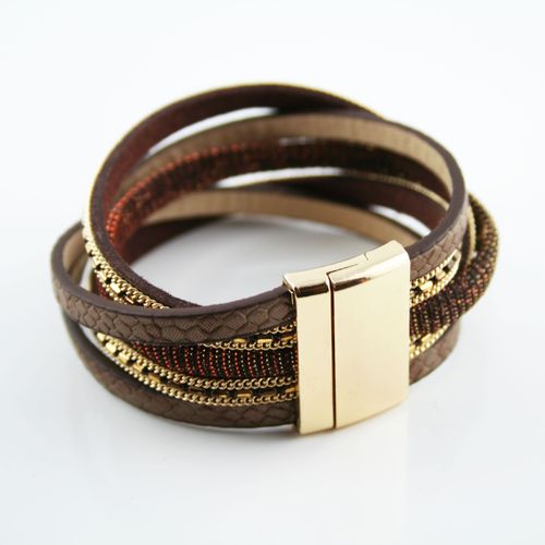 Bracelet Wrap Slake Strass Brillants Cristal En Cuir De Daim Marron