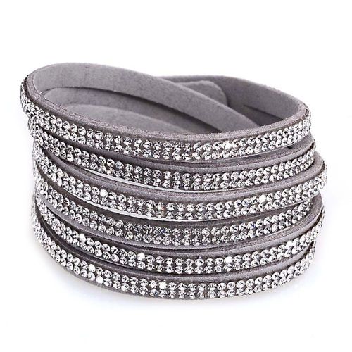 Bracelet Wrap Slake Cristal Double Tour En Cuir Retourné Gris De Daim Et Cristaux Zyrconium