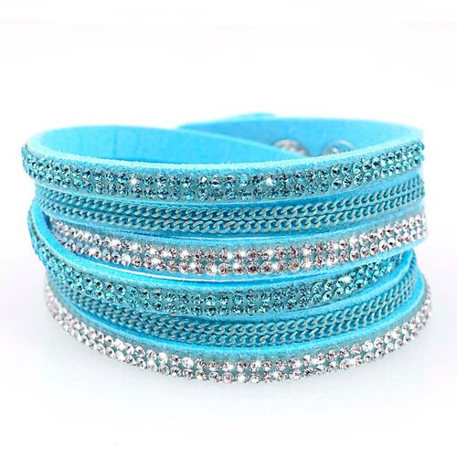 Bracelet Slake Wrap Cirstal Et Chaine Métal Double Tour 3 Rang En Cuir Bleu