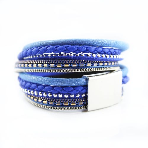 Bracelet Wrap Slake Strass Duble Tour Brillants Cristal En Cuir De Daim Bleu