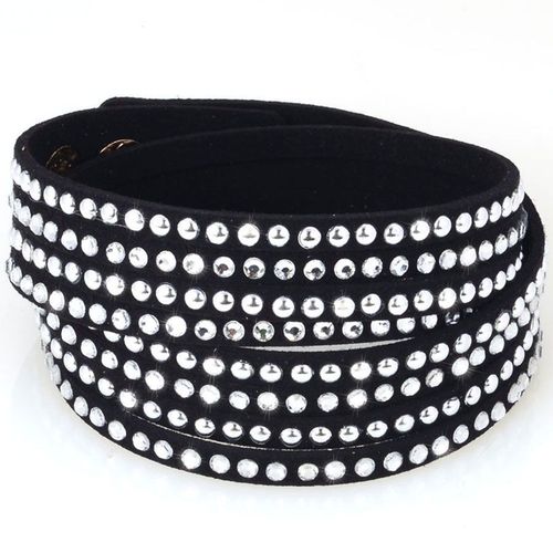 Bracelet Wrap Slake Strass Brillants Picots Métal Double Tour En Cuir De Daim Noir