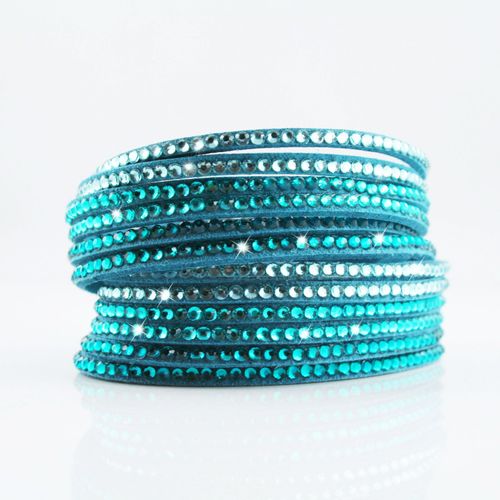 Bracelet Wrap Slake Cristal Double Tours Brillants En Cuir De Daim Turquoise