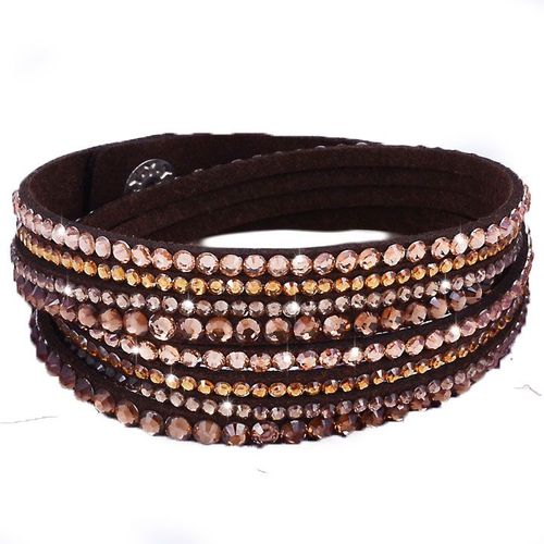 Bracelet Wrap Slake Cristal Double Tour En Cuir Retourné De Daim Marron Et Cristaux Zyrconium