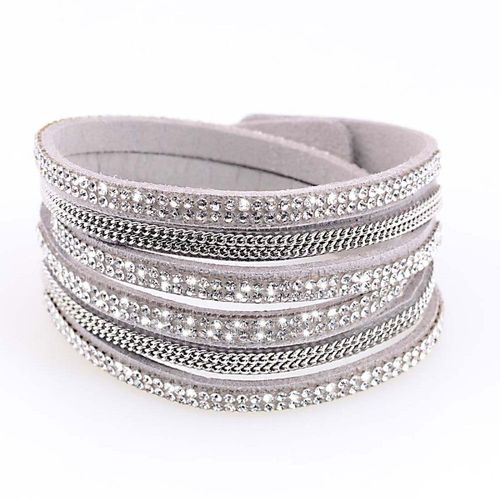 Bracelet Slake Wrap Cirstal Et Chaine Plaqué Or Double Tour 3 Rang En Cuir Violet