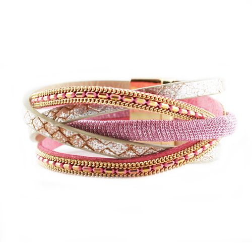 Bracelet Wrap Slake Strass Duble Tour Brillants Cristal En Cuir De Daim Rose
