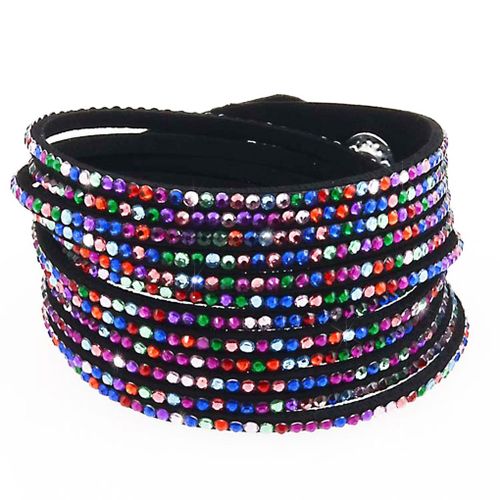 Bracelet Slake Wrap Cristal Strass Double Tours Brillants En Cuir De Daim Noir