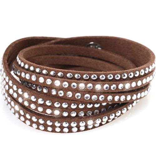 Bracelet Wrap Slake Strass Brillants Picots Métal Double Tour En Cuir De Daim Marron