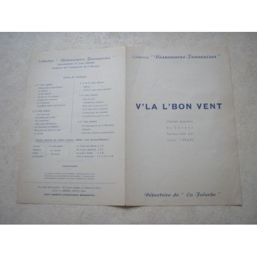 Vla L'bon Vent. Chanson Populaire Du Canada. Collection "Résonnances Françaises".