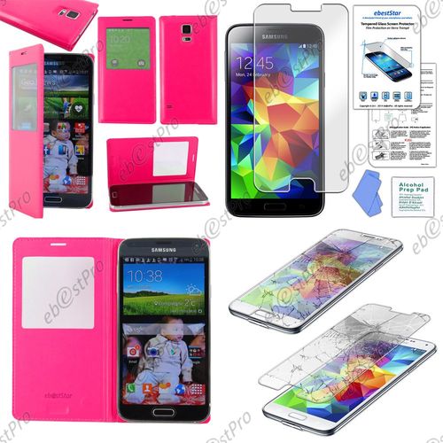 Ebeststar ® Film Verre Trempé Pour Samsung Galaxy S5 Sm-G900f, G900, G900h Housse Pochette Protection Coque Cover L-View Portefeuille Livre, Couleur Rose