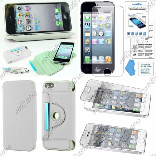 Ebeststar ® Coque Etui Pu Cuir Housse Rotative Support À Rotation 36° Pour Apple Iphone 5s, 5, Couleur Blanc + 1 Film Verre Trempé