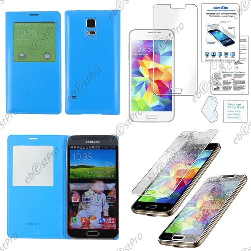 Ebeststar ® Housse Coque Etui Smart View Type S-View Portefeuille Pour Samsung Galaxy S5 Mini Sm-G800 G800f G800h, Couleur Bleu + Film Verre Trempé