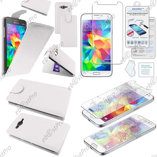 Ebeststar ® Housse Coque Etui Simili Cuir À Rabat Vertical Pour Samsung Galaxy Grand Prime Sm-G530fz G530f, Grand Prime Value Edition Sm-G531f, Couleur Blanc + Film Verre Trempé