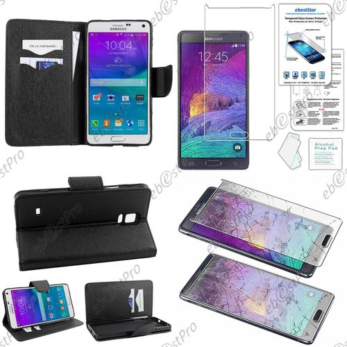 Ebeststar ® Housse Coque Etui Portefeuille Folio Book Livre Simili Cuir Pour Samsung Galaxy Note 4 N910f, Couleur Noir + Film Verre Trempé