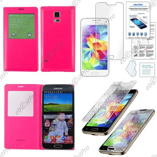 Ebeststar ® Film Verre Trempé Pour Samsung Galaxy S5 Mini Sm-G800 G800f G800h Housse Pochette Protection Coque Cover L-View Portefeuille Livre, Couleur Rose