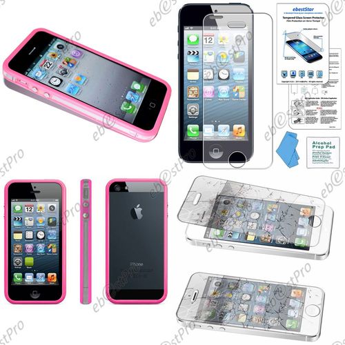 Ebeststar ® Bumper Contour De Protection Etui Housse Coque Pour Apple Iphone 5s, 5, Couleur Transparent Bord Rose + 1 Film Verre Trempé