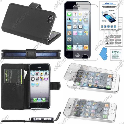 Ebeststar ® Housse Portefeuille Coque Etui Protection Folio Pour Apple Iphone 5s, 5, Couleur Noir + 1 Film Verre Trempé
