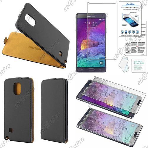 Ebeststar ® Etui Pu Cuir Rabattable Housse Coque Ultra Slim Pour Samsung Galaxy Note 4 N910f, Couleur Noir + 1 Film Verre Trempé
