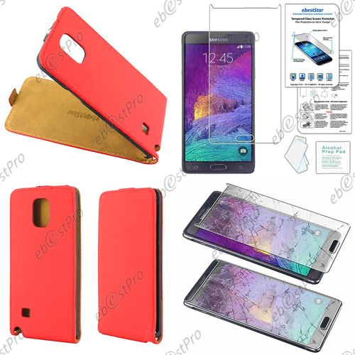 Ebeststar ® Film Verre Trempé Pour Samsung Galaxy Note 4 N910f Etui En Pu Cuir Clapet Ultra Fine Housse Coque, Couleur Rouge