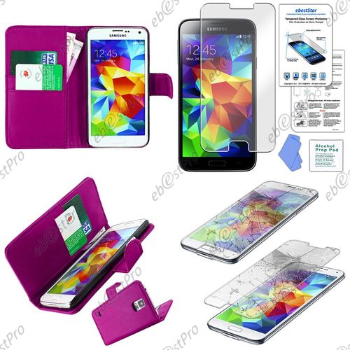 Ebeststar ® Film Verre Trempé Pour Samsung Galaxy S5 Sm-G900f, G900, G900h Etui Portefeuille Housse Protection Folio Coque, Couleur Violet