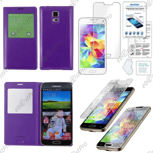Ebeststar ® Housse Pochette Protection Coque Etui Type S-View Pour Samsung Galaxy S5 Mini Sm-G800 G800f G800h, Couleur Violet + 1 Film Verre Trempé