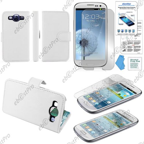 Ebeststar ® Housse Portefeuille Coque Etui Protection Folio Pour Samsung Galaxy S3 I9300 I9305, Couleur Blanc + 1 Film Verre Trempé