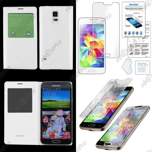 Ebeststar ® Housse Coque Etui Smart View Type S-View Portefeuille Pour Samsung Galaxy S5 Mini Sm-G800 G800f G800h, Couleur Blanc + Film Verre Trempé
