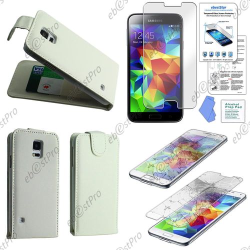 Ebeststar ® Housse Coque Etui Simili Cuir À Rabat Vertical Pour Samsung Galaxy S5 Sm-G900f, G900, G900h, Couleur Blanc + Film Verre Trempé