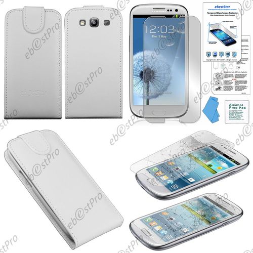 Ebeststar ® Film Verre Trempé Pour Samsung Galaxy S3 I9300 I9305 Housse Simili Cuir À Clapet Coque Etui, Couleur Blanc