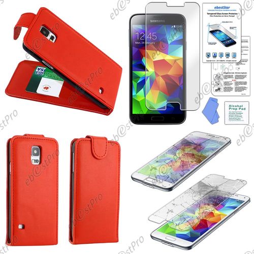 Ebeststar ® Coque Housse Etui Simili Cuir Rabattable Pour Samsung Galaxy S5 Sm-G900f, G900, G900h, Couleur Rouge + 1 Film Verre Trempé