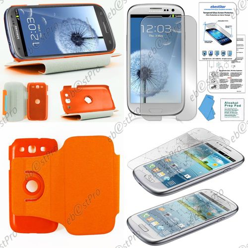 Ebeststar ® Film Verre Trempé Pour Samsung Galaxy S3 I9300 I9305 Etui Pu Cuir Coque Housse Rotative 36°, Couleur Orange