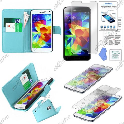 Ebeststar ® Housse Coque Etui Portefeuille Folio Book Livre Simili Cuir Pour Samsung Galaxy S5 Sm-G900f, G900, G900h, Couleur Bleu + Film Verre Trempé