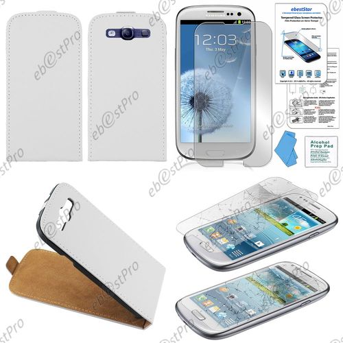 Ebeststar ® Film Verre Trempé Pour Samsung Galaxy S3 I9300 I9305 Etui En Pu Cuir Clapet Ultra Fine Housse Coque, Couleur Blanc