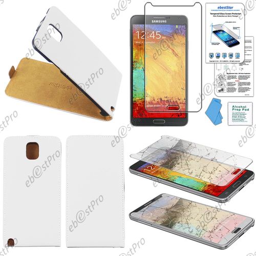 Ebeststar ® Film Verre Trempé Pour Samsung Galaxy Note 3 Gt-N9000, N9002, N9005 Etui En Pu Cuir Clapet Ultra Fine Housse Coque, Couleur Blanc